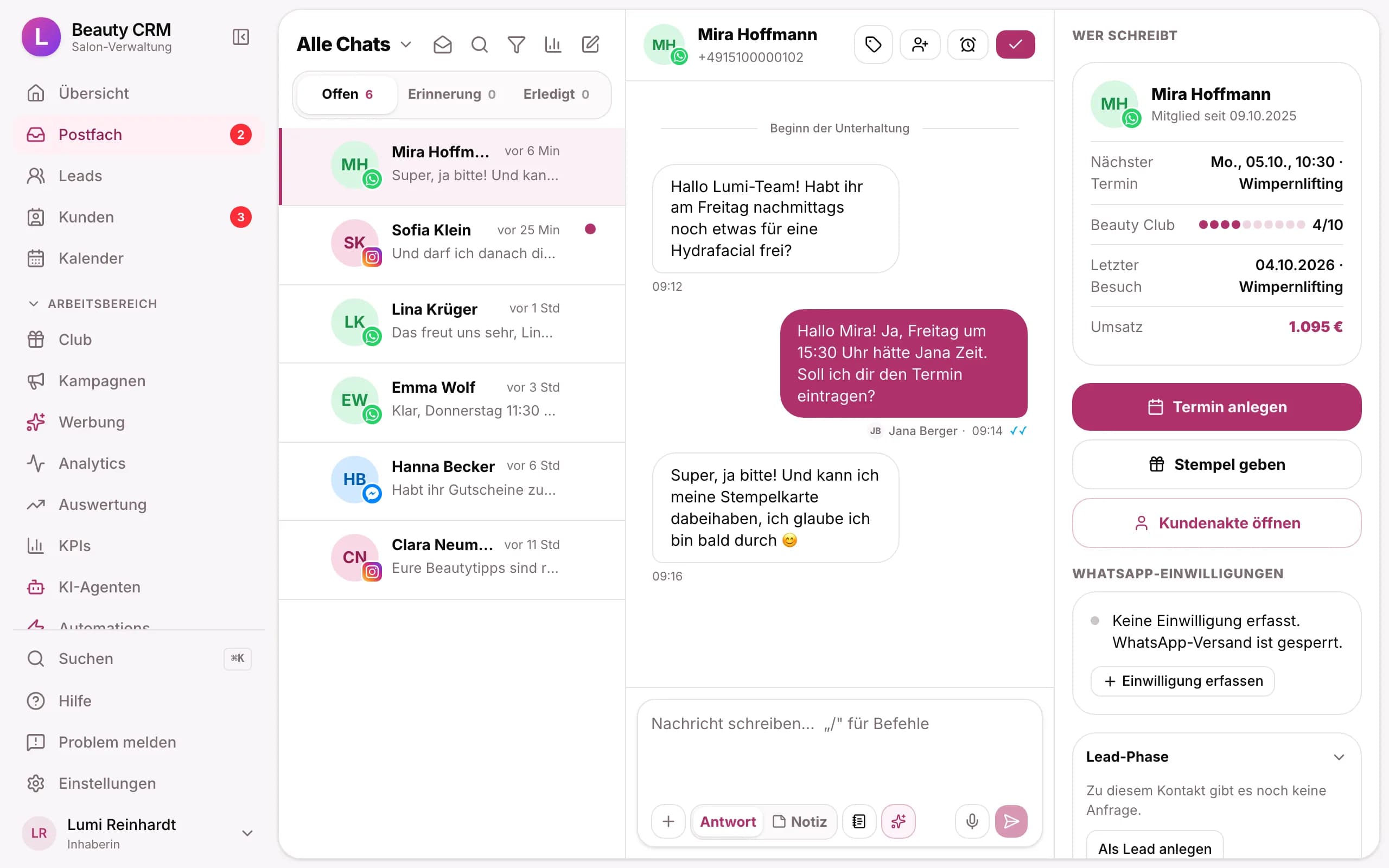 Postfach von Salon Lumi mit WhatsApp- und Instagram-Nachrichten